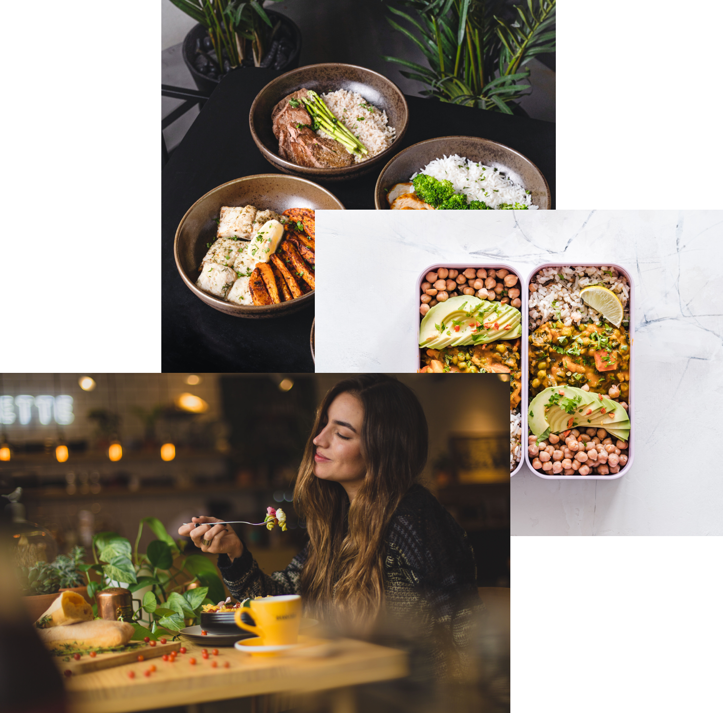 Woman enjoying food, meals in storage container, food bowls on a table